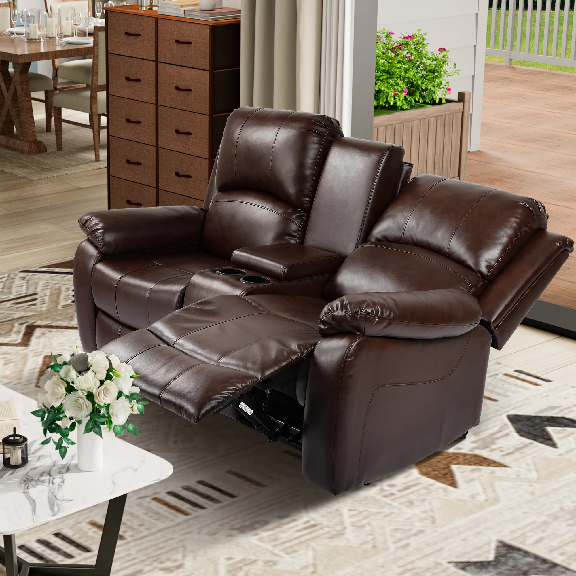 Dextrus Double Recliner Loveseat, Manual Dual Sofa Loveseat, Home Theater Seating with Built-in Storage Console, Double Recliner RV Couch with Beverage Holders and Side Storage for Living Room