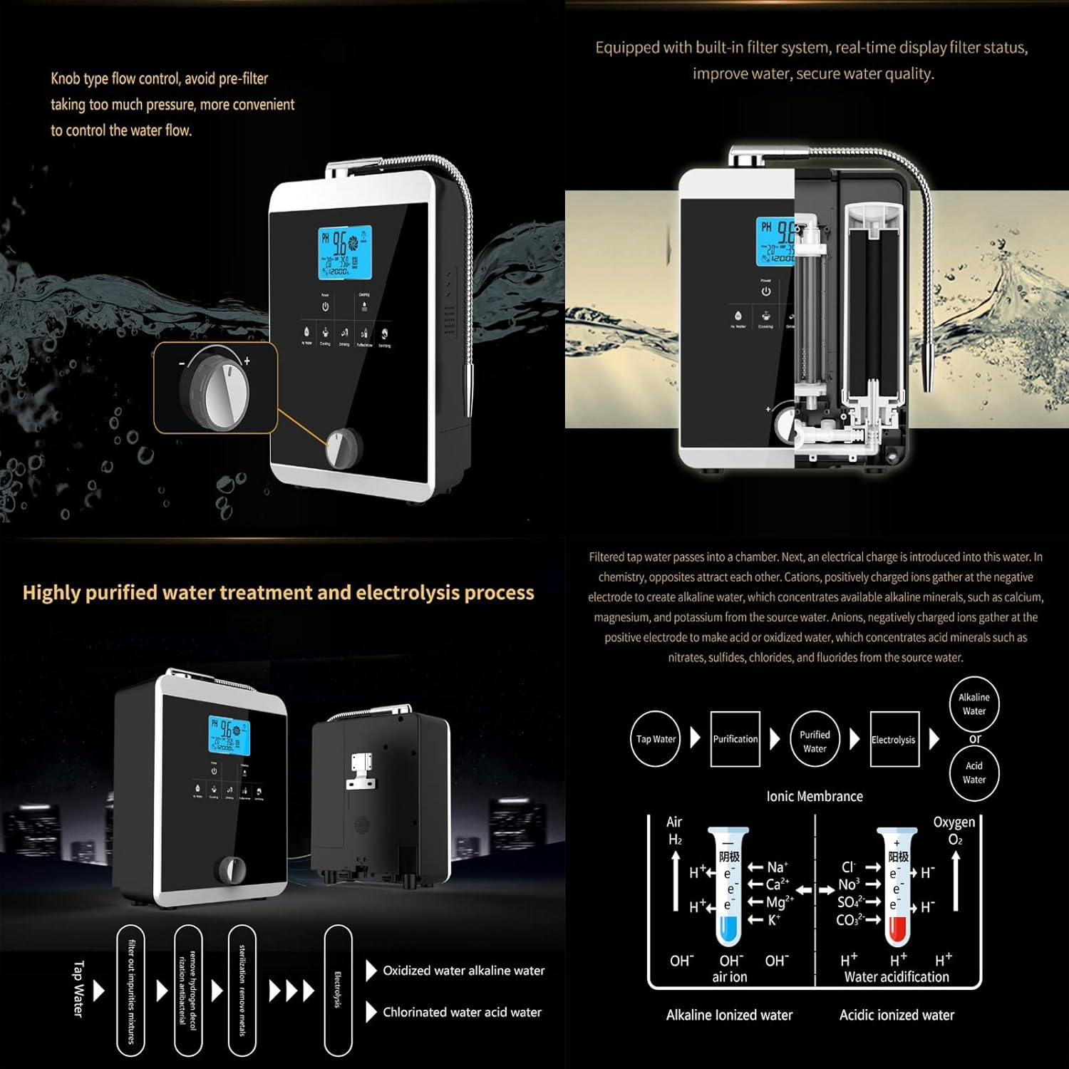 Alkaline Water Machine, Water Ionizer Machine,Hydrogen Water Generator,Produces pH 3.5-10.5 Alkaline Acid Water Water Filter System for Home