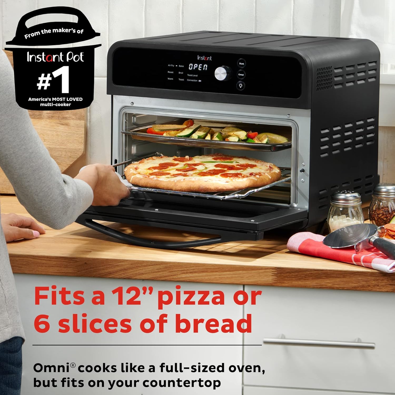 Instant Omni 19QT/18L Toaster Oven Air Fryer, 7-in-1 Functions, Fits 12" Pizza, Crisps, Broils, Bakes, Roasts, Toasts, Warms, Convection, 100+ In-App Recipes, from the Makers of Instant Pot, Black