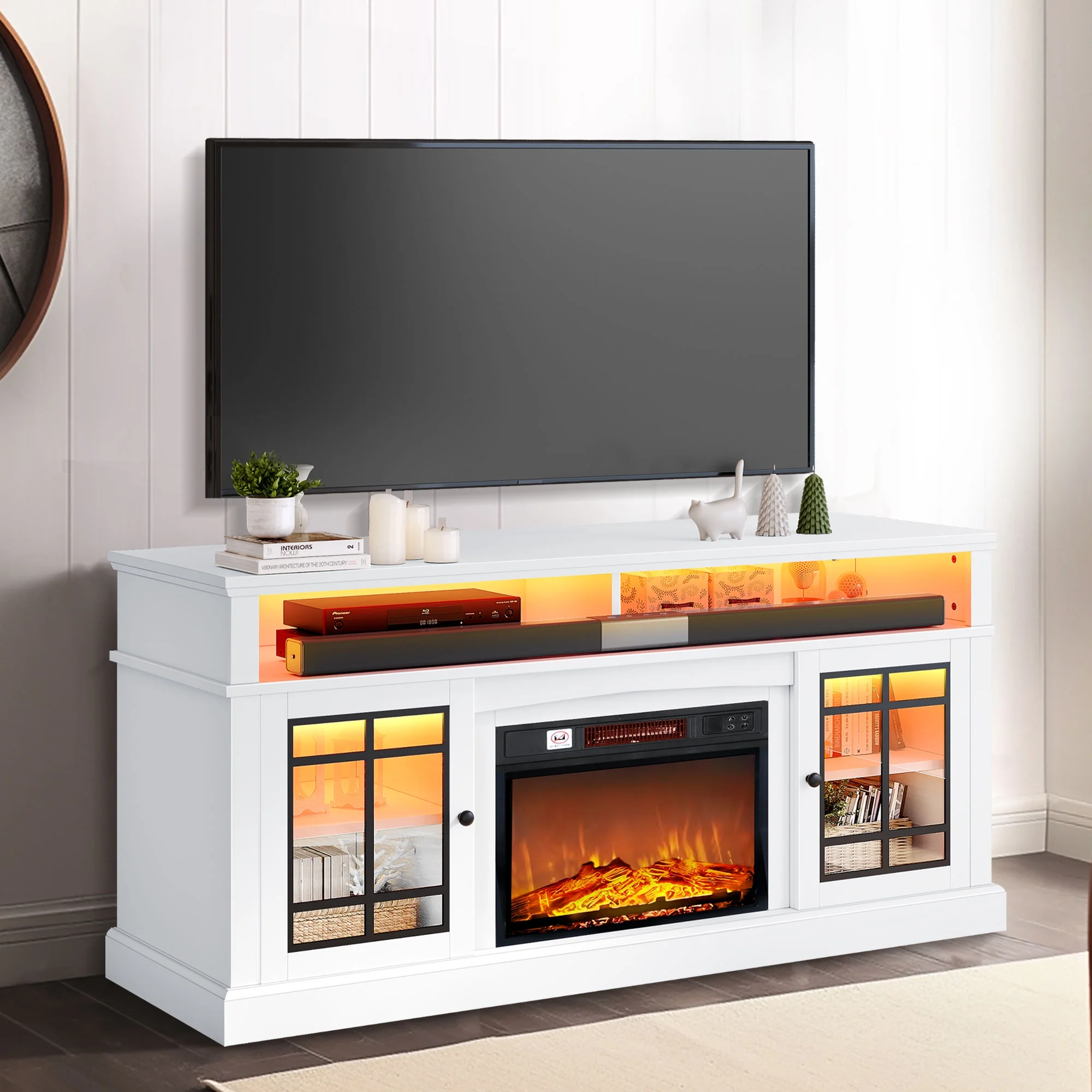 Dextrus LED Fireplace TV Stand for TVs up to 70" w/ Acrylic Glass Door, Farmhouse Highboy Entertainment Center with Electric Fireplace, White