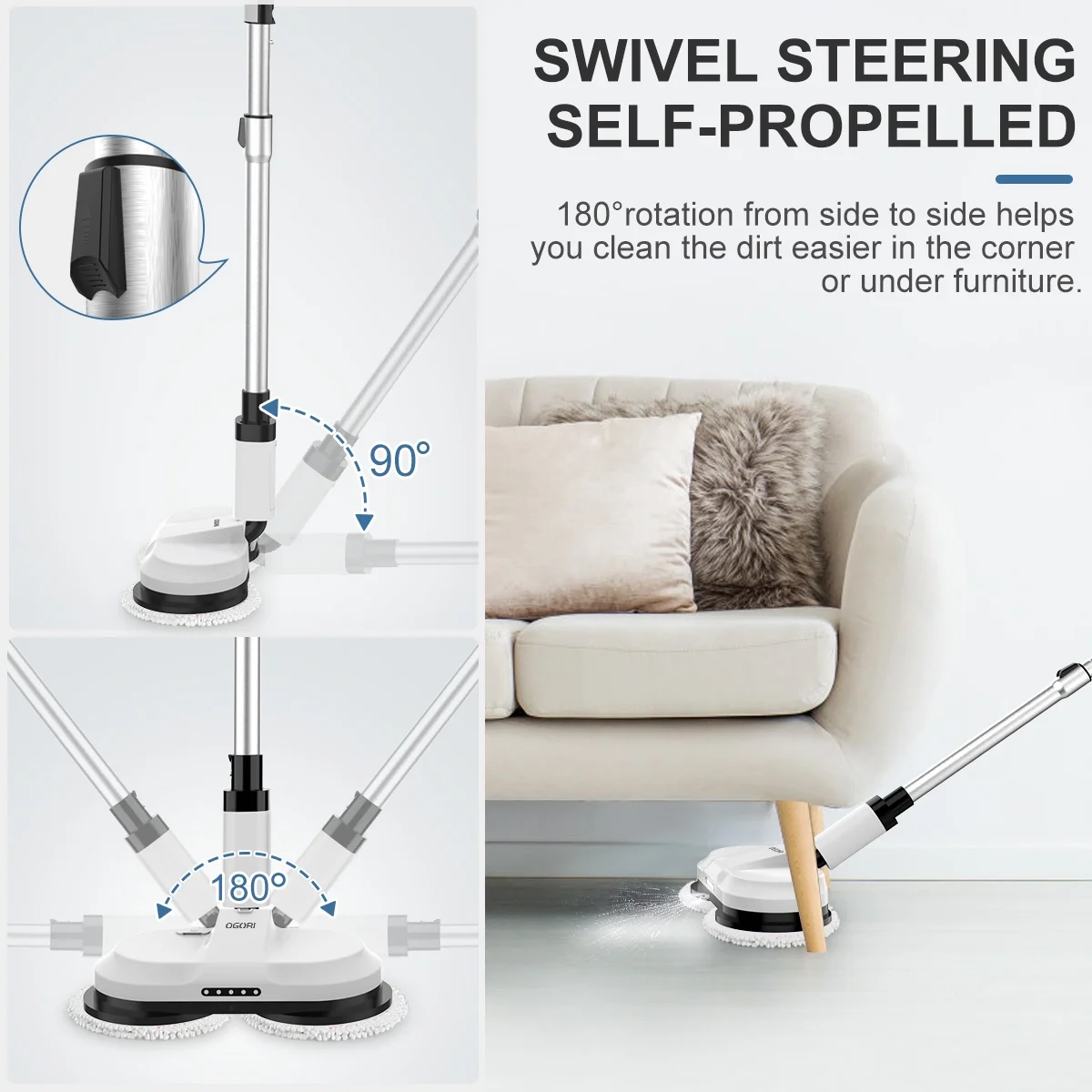 OGORI Cordless Electric Spin Mops Built-in 300ml Water Tank,Reusable Microfiber Cleaning, LED Headlight and Sprayer for Hardwood, Tile & Laminate Floors