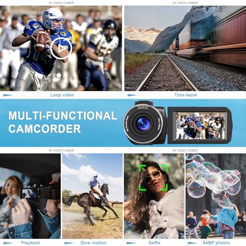 8K Video Camera 64MP Camcorder YouTube Vlogging Cameras 18X Digital Zoom Webcam IR Night Vision WiFi 3.0”Touch Screen Camcorders with Stabilizer, Mic, 64G SD Card, Remote Control and 2 Batteries