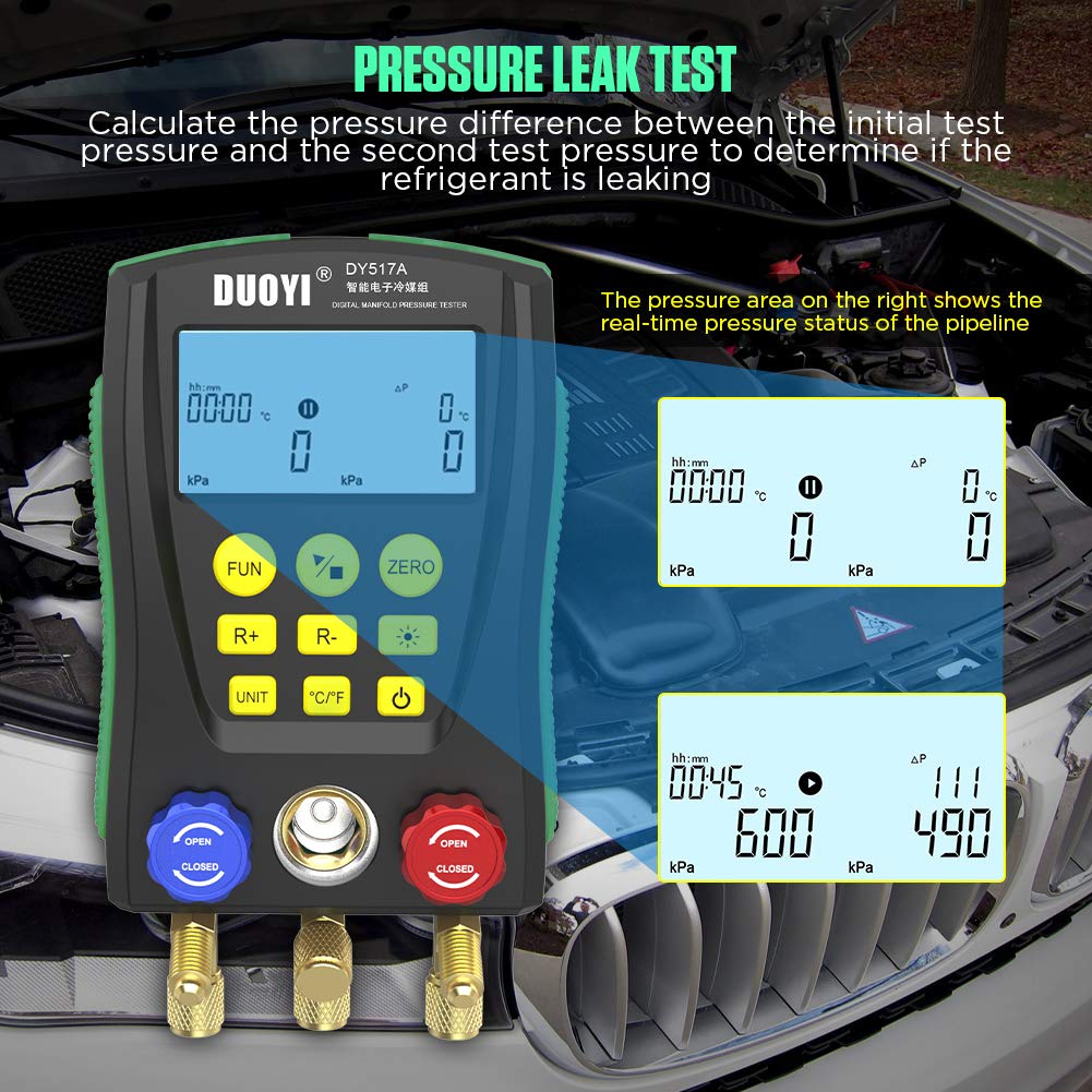 Digital Manifold Gauge Set Pressure&Temp Test HVAC Manifold Pressure Leak Test Digital Refrigerant Gauges Vacuum HVAC Gauges with Refrigerant Hoses&Temperature Clamps&LCD Display for Air Conditioning