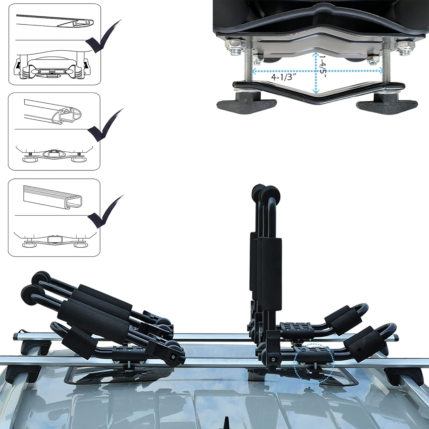 Bonsing Kayak Roof Rack for 2 Kayaks, J-Style Universal Kayak Racks for Roof Rack Folding Kayak Carrier for SUV Car Rooftop Mount on Crossbars - 2 Pair