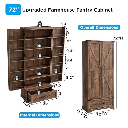 72" Farmhouse Kitchen Pantry Cabinet with Drawer, Tall Storage Cabinet with 2 Barn Doors and Shelves, Versatile Large Rustic Cupboard for Dining Room, Bathroom, Living Room, Laudry, White