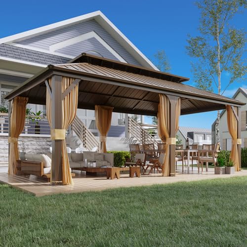 YOLENY 10' x 12' Hardtop Gazebo, Wood-Looking Gazebo with Galvanized Steel Double Roof, Aluminum Frame, Permanent Metal Pavilion with Netting and Curtains for Deck, Backyard, Patio and Lawns