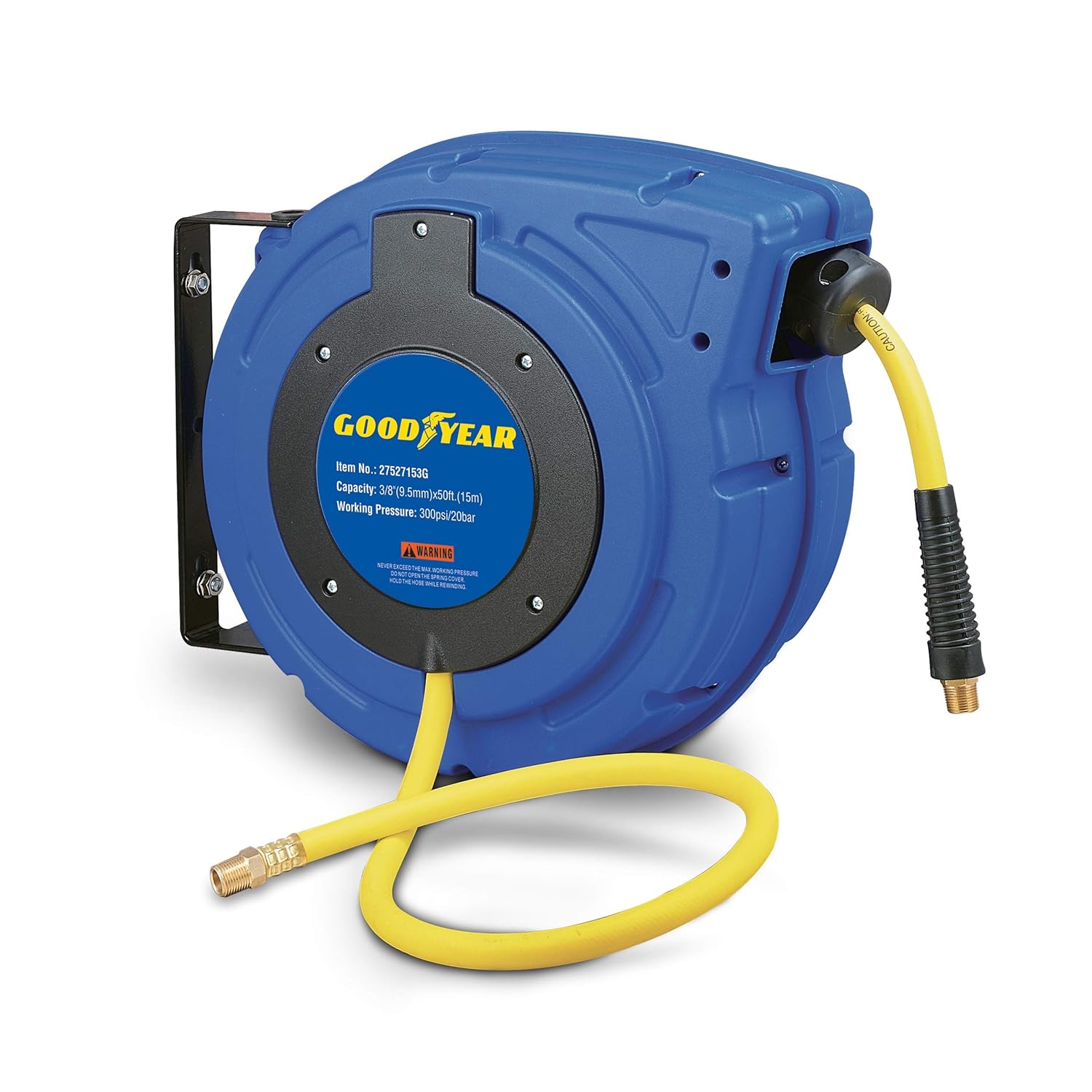 Goodyear Air Hose Reel Retractable 3/8 Inch x 50' Foot Hybrid Polymer Hose Max 300PSI Commerical Polypropylene Construction