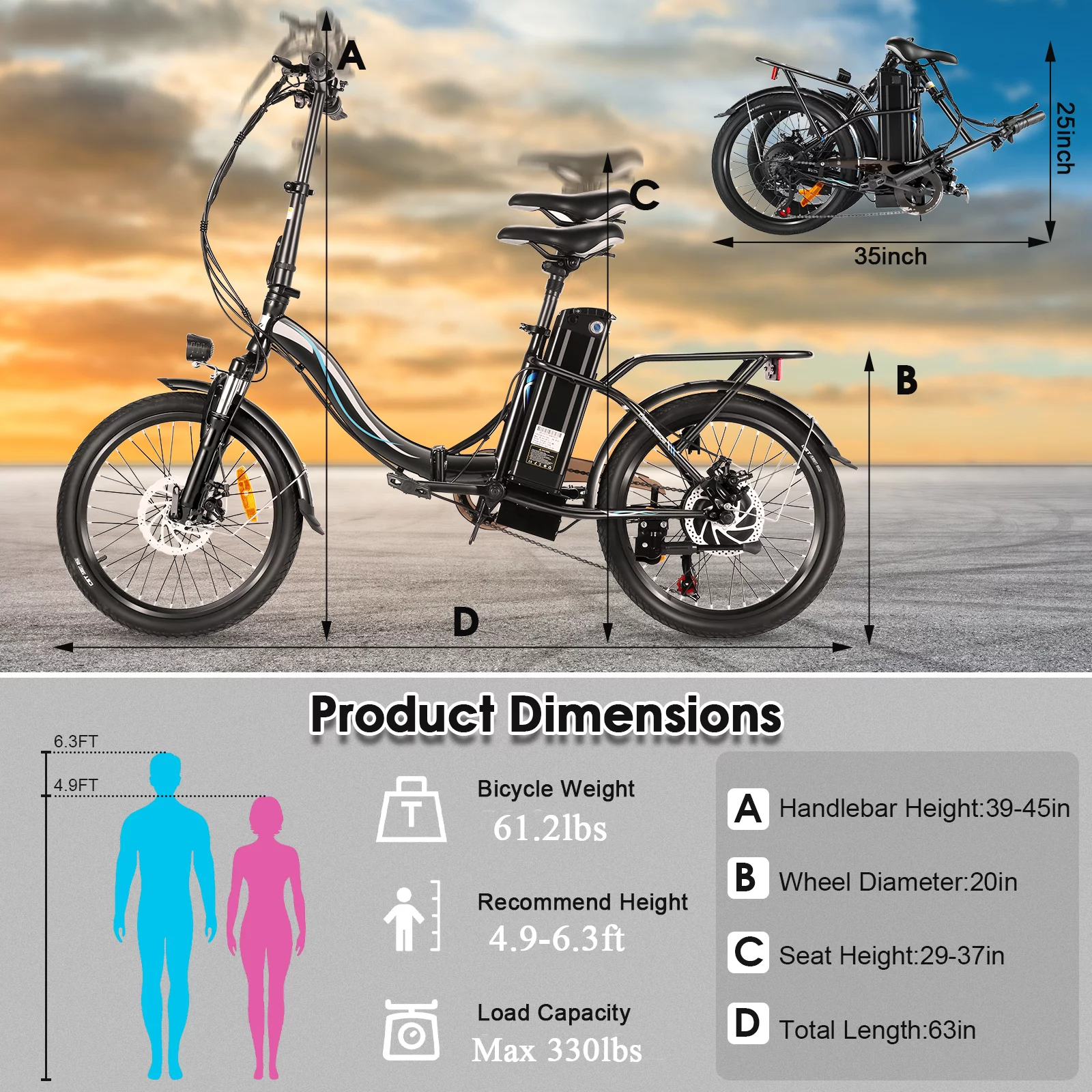 Elifine 500W Folding Electric Bike for Adults, 20" Foldable Ebike with 5 Riding Modes, 48V 7.8Ah Battery, 50 Miles Range Commuter City Electric Bicycle