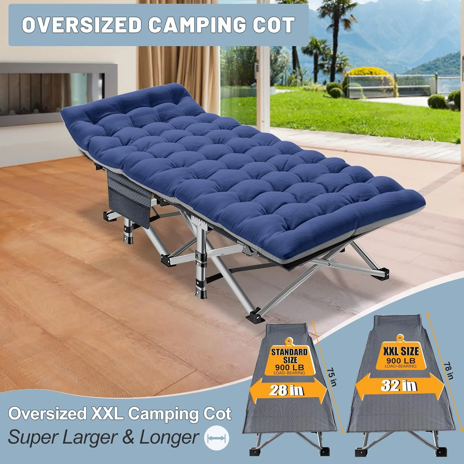 ABORON Oversized XL Folding Sleeping Cots for Adults, 900lb Loading Double-Layer 1200D, Heavy Duty Guest Bed W/Mattress & Carrying Bag