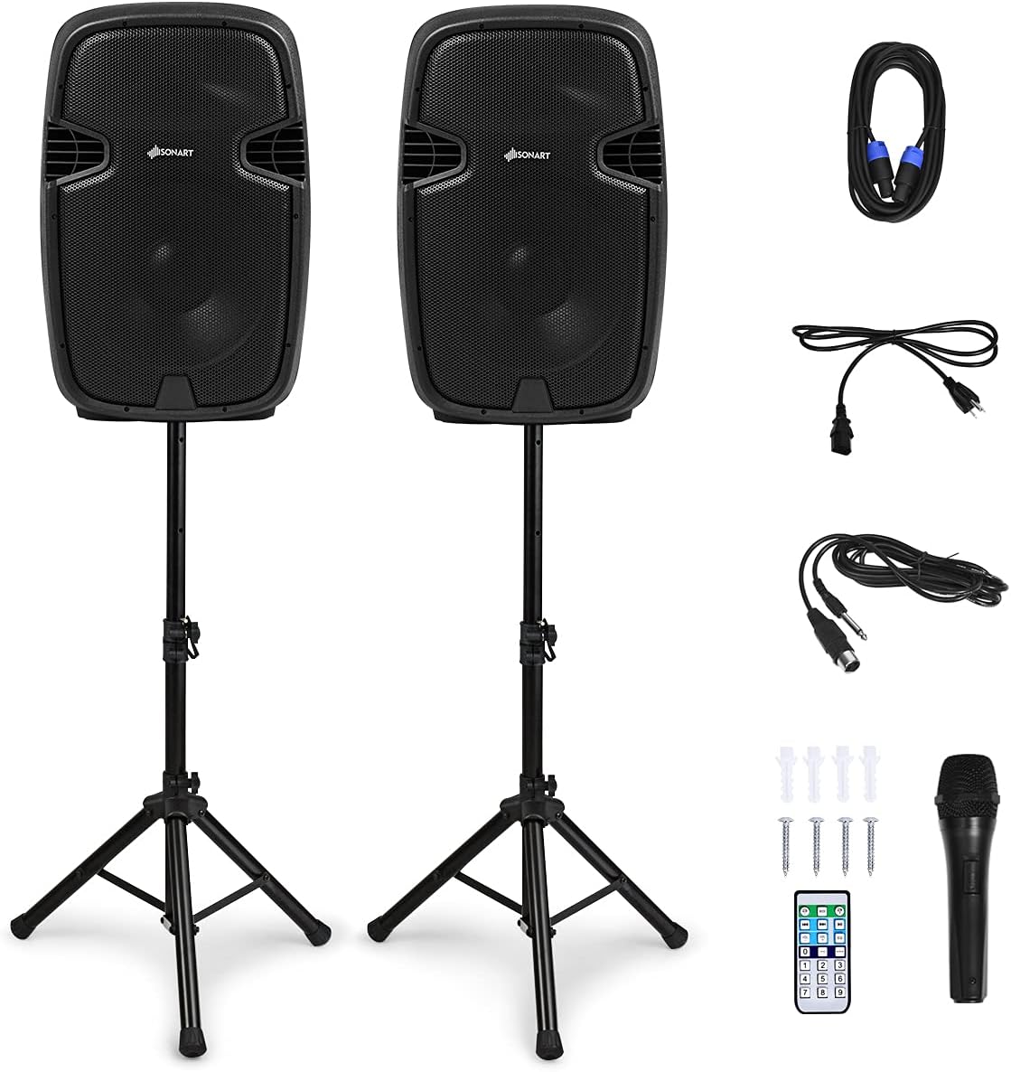 Costzon 2-Way Powered PA Speakers System Combo Set, 12 1600W Portable Dual Passive Active Speaker with 2 Speaker Stands, Bluetooth, USB/SD Card, AUX MP3 FM Radio, Microphone, Remote Control (12)