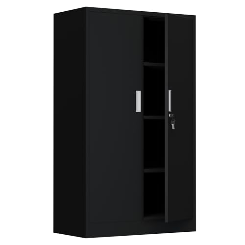 Metal Storage Cabinet with Locking Doors and Adjustable Shelves, 53.5-Inch Tall Lockable Storage Cabinets for Home Office Garage Kitchen Pantry (Black)