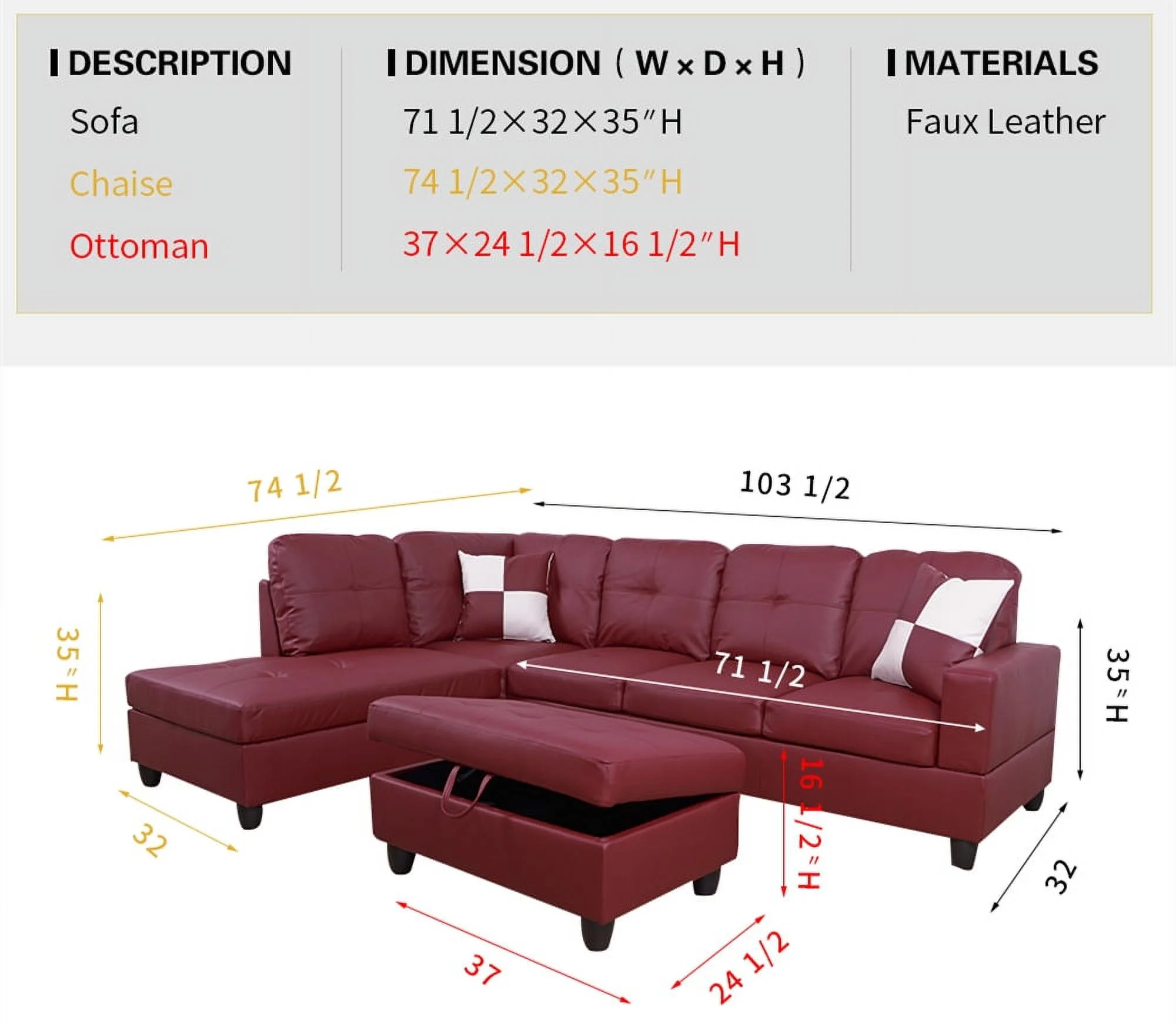 PonLiving Furniture Gentla 103.5'' Left or Right Facing Sleeper Sectional with Storage Ottoman, Living Room Sectional Couches Set, Brown Leather Sectional Sofa