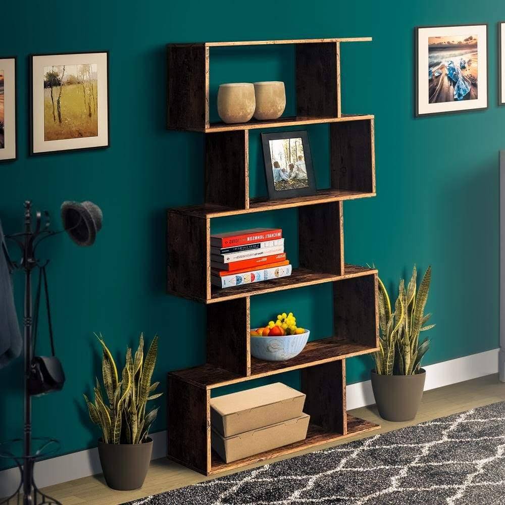 5 Tier Freestanding Wooden Bookcase with Zig Zag Design, Rustic Brown