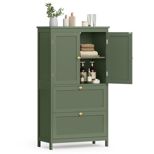VASAGLE Bathroom Floor Storage Cabinet, Bathroom Storage Unit, Freestanding Cabinet with 4 Doors, Adjustable Shelves, 11.8 x 23.6 x 43.3 Inches, Forest Green UBBC552C01