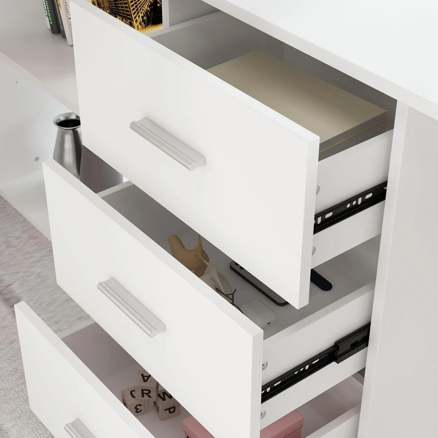 67.9” L-Shaped Desk Office Desk with Storage, Desk with 3 Drawers and Shelves, Corner Desk with Metal Legs, for Home Office White (67.9”W x 55.1”D x 28.7”H)
