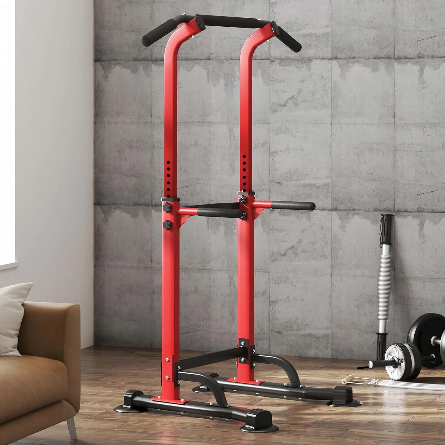 SOGES Height Adjustable Power Tower Dip Stands Pull up Bar Strength Training for Home Gym Black