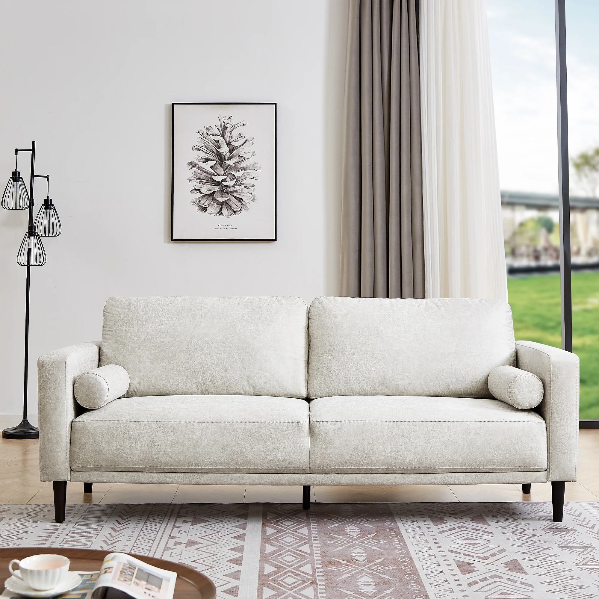 Homfa 3 Seat Sofa, 78.9'' Modern Large Upholstered PU Couch with Square Arm, White