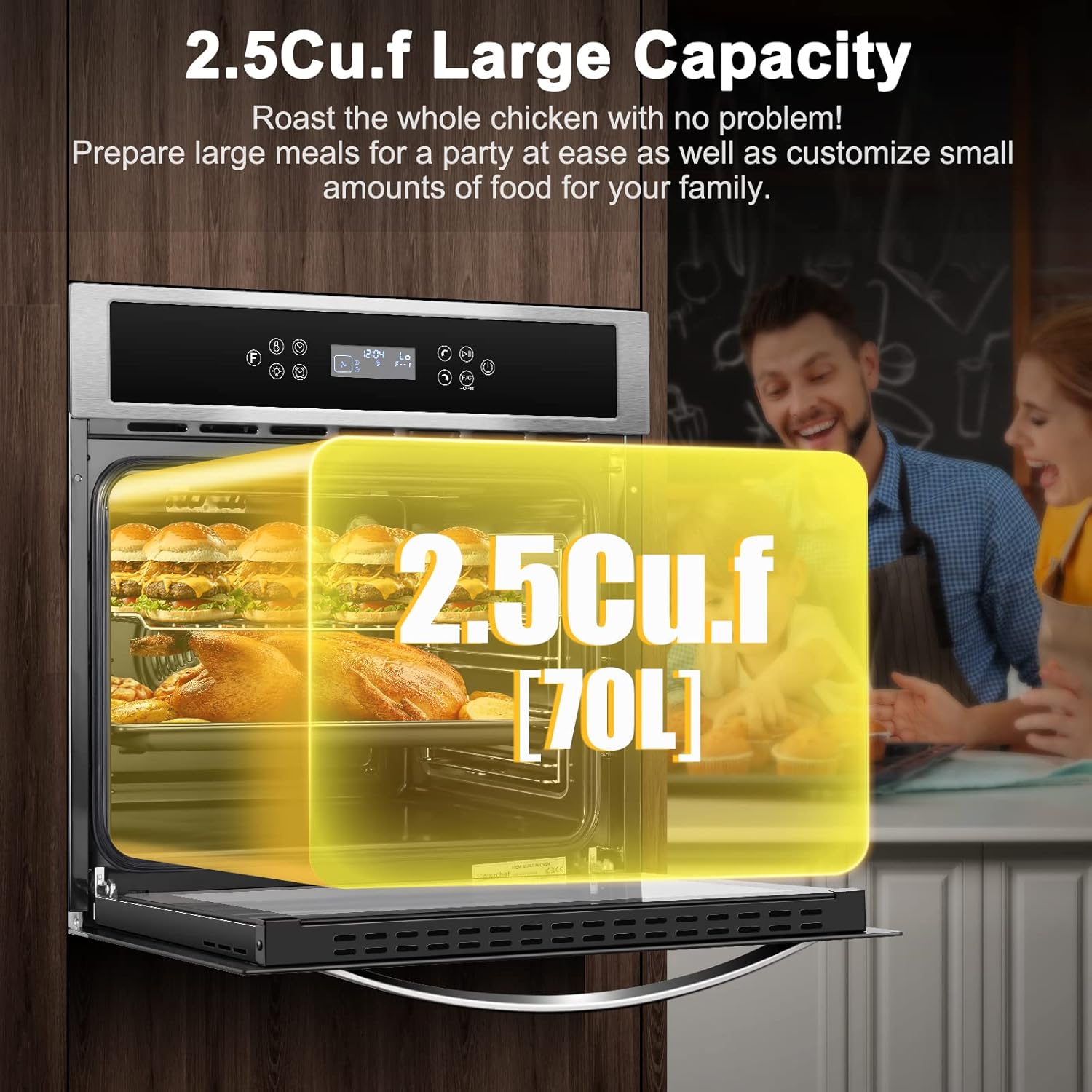AMZCHEF Single Wall Oven 24" Built-in Electric Ovens with 11 Functions, 8 Automatic Recipes, 2800W, 240V, 2.5Cu.f Convection Wall Oven in Stainless Steel, Touch Control, Timer, Safety Lock