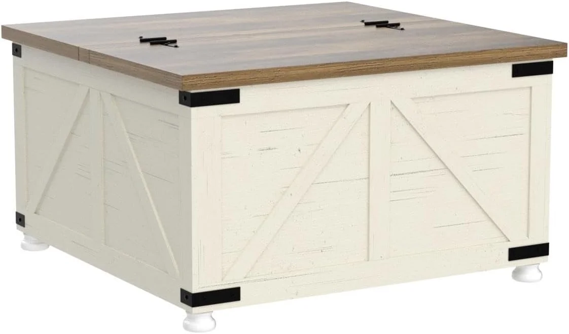 Farmhouse Coffee Table with Storage, Square Coffee Table for Living Room, Wooden Center Table with Hinged Lift Top and Hidden Space, Antique White