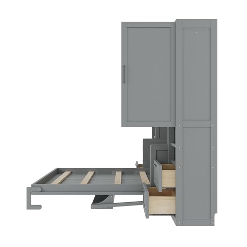 Merax Queen Size Murphy Bed with Desk, Space-Saving Wall Bed Frame with Closet, Drawers and Shelves, Foldable Platform Bed for Small Spaces Studio Study Office Guest Room, Gray