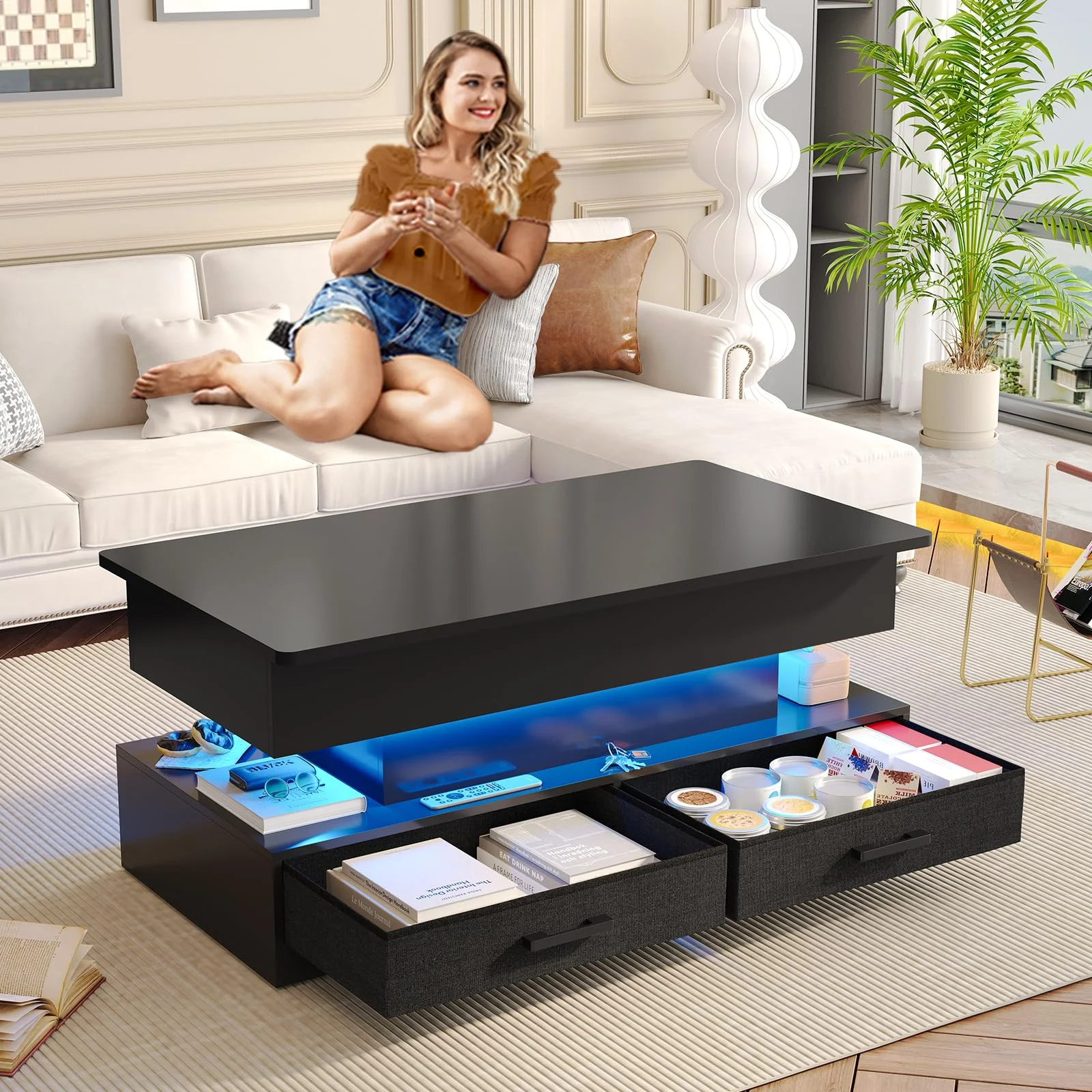 SEDETA 40" Lift Top Coffee Table with Storage, Small Coffee Table with 2 Fabric Drawers and LED Light for Dining Reception Room, Black