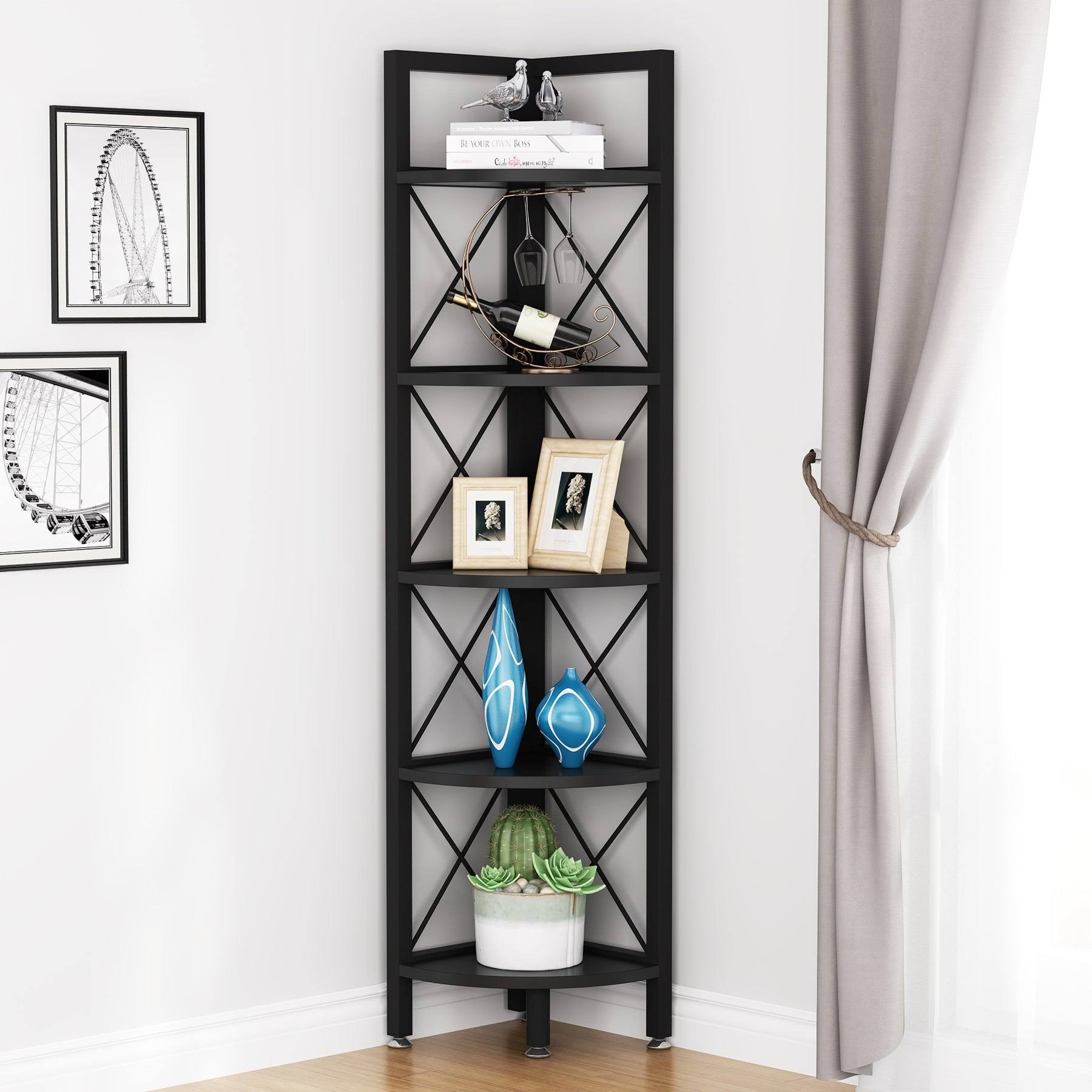 5-Tier Corner Shelves, 5 Shelf Corner Bookshelf and Bookcase - Black