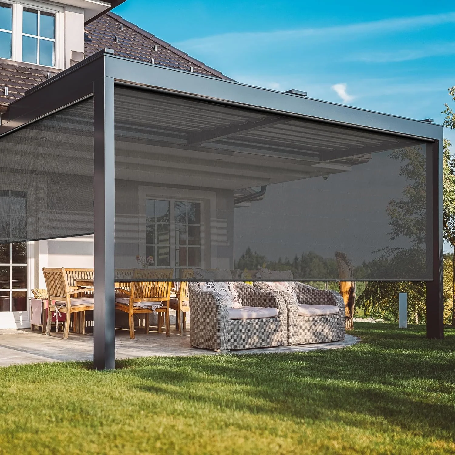 CozyHom Outdoor Roller Shades, 420GSM 95% Blackout Cordless Patio Roller Blinds with Pole, 6'Wx8'H Waterproof Blinds Roll Up for Gazebo Porch, Deck, Pergola, Black