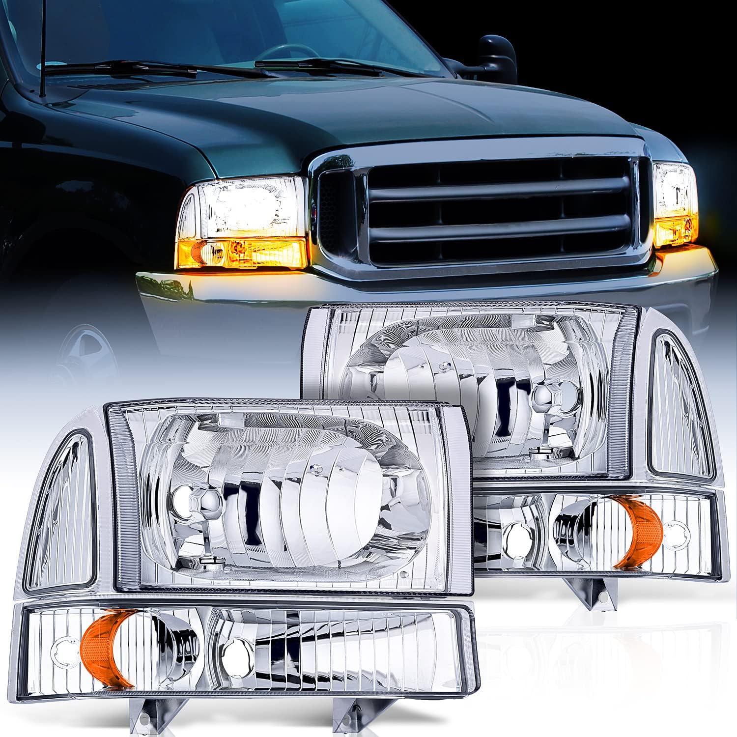 Nilight Headlight Assembly Replacement 1999 2000 2001 2002 2003 2004 F250 F350 F450 F550 Super Duty Black Housing Amber Corner Clear Lens,Headlights Assembly,4 Pack