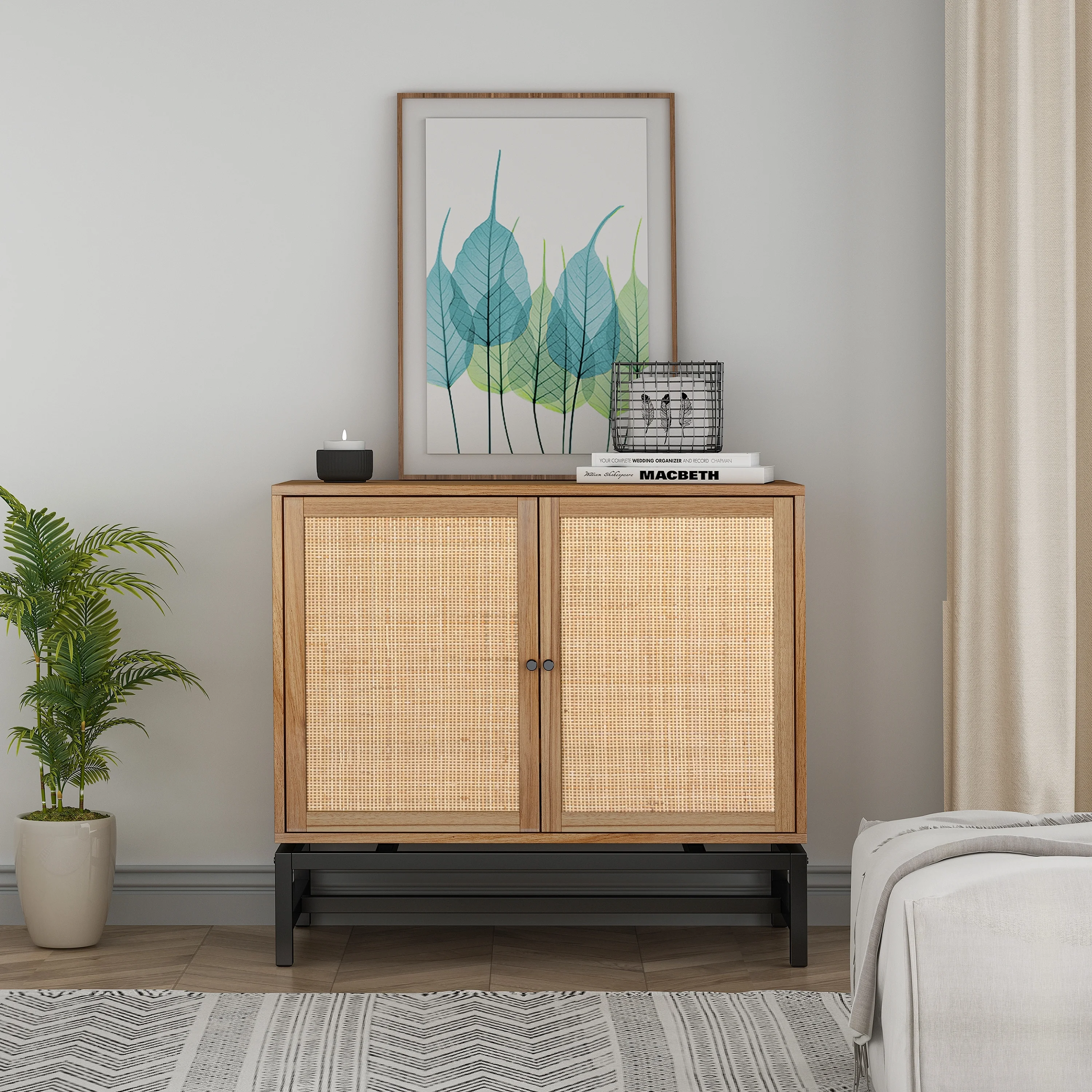 Natural Rattan Storage Cabinet with 2 Doors and 1 Adjustable Interior Shelf Walnut