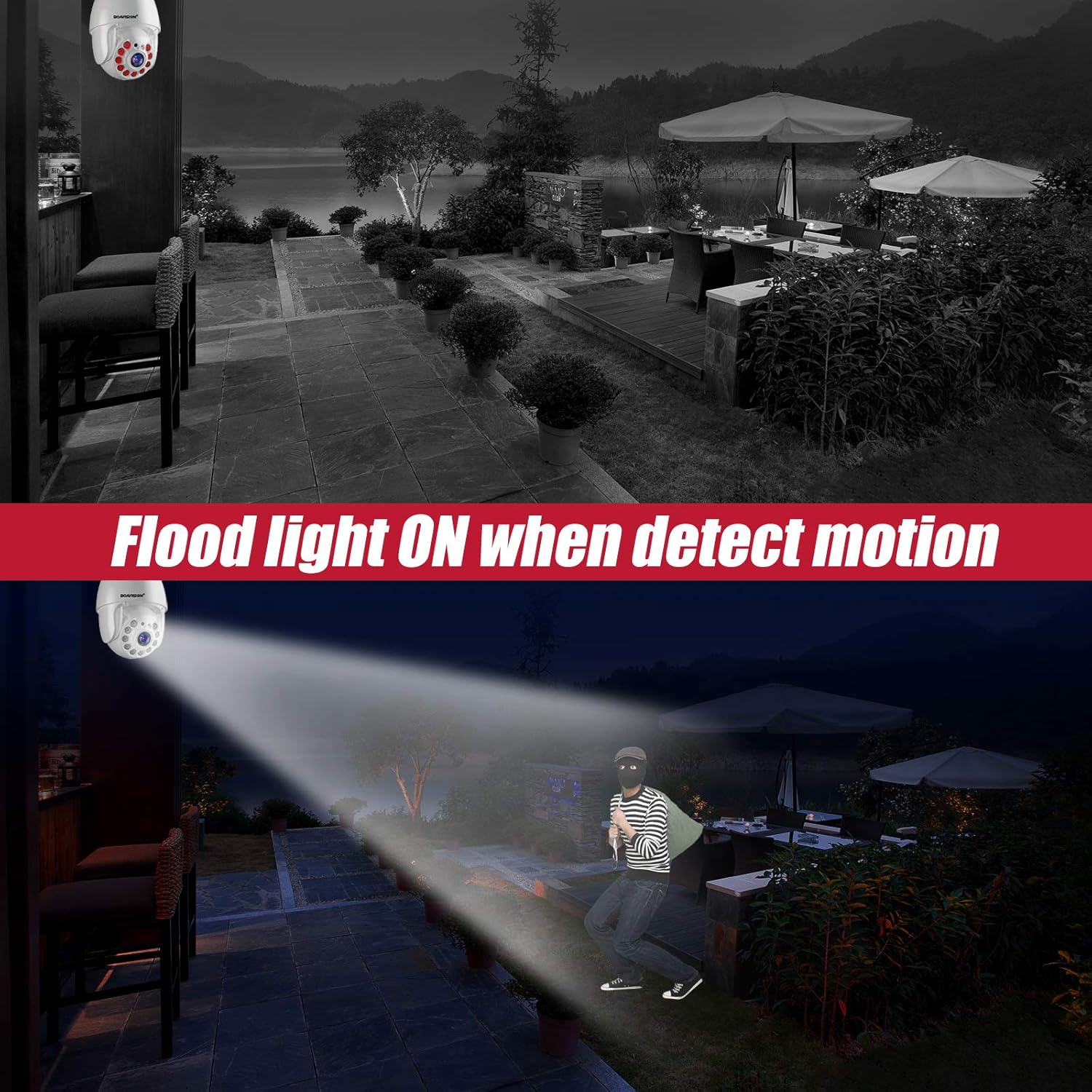 Security Camera Outdoor, Wireless WiFi IP Camera Home Security System 360&deg; View,Motion Detection, auto Tracking,Two Way Talk,HD 1080P pan Tile Full Color Night Vision Boavision