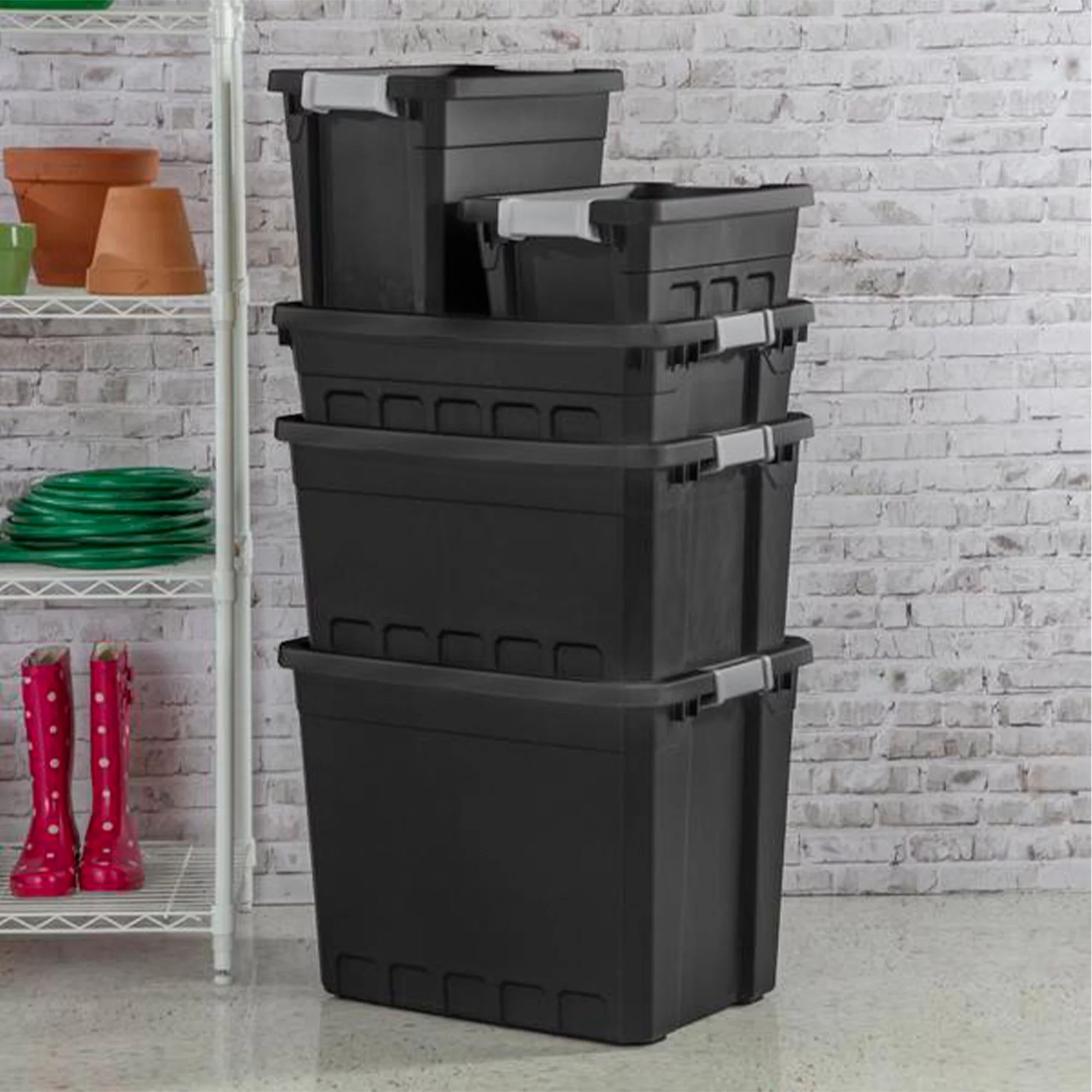 Sterilite 7.5 Gallon Industrial Storage Totes w/ Latch Lids, Black (6 Pack)