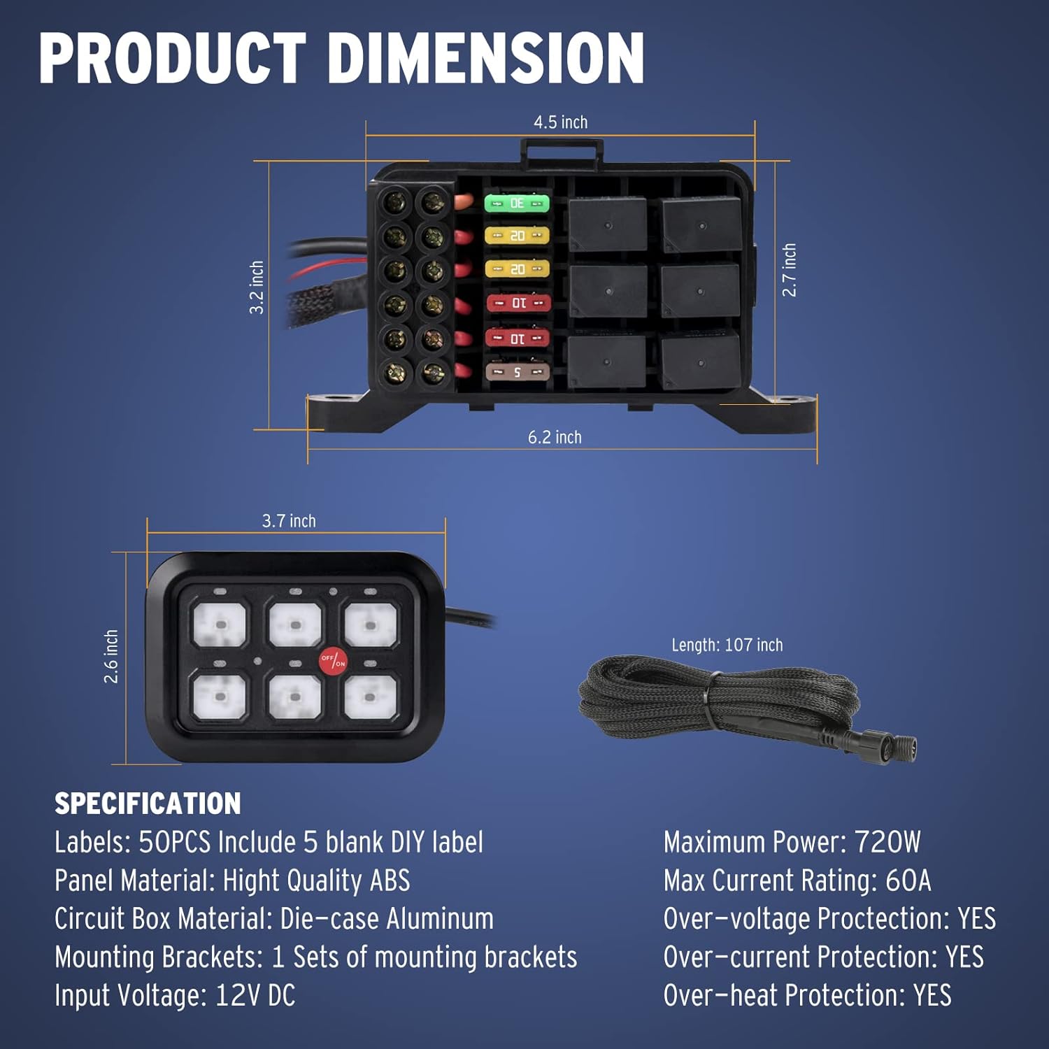 ANGU-OFFROAD 6 Gang Switch Panel, 12V Pod Electronic Fuse System Electronic Fuse System Circuit Control Box with Harness Label Sticker Circuit Control Box Pod for Car Truck Boat ATV UTV Offroad
