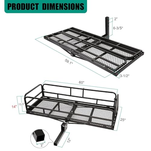 Hitch Cargo Rack, 60 x 24 x 14 Inch Folding Hitch Mount Cargo Carrier with High Side Rails for Trailer RV Truck SUV Van, 500 lbs. Capacity, 2" Receiver