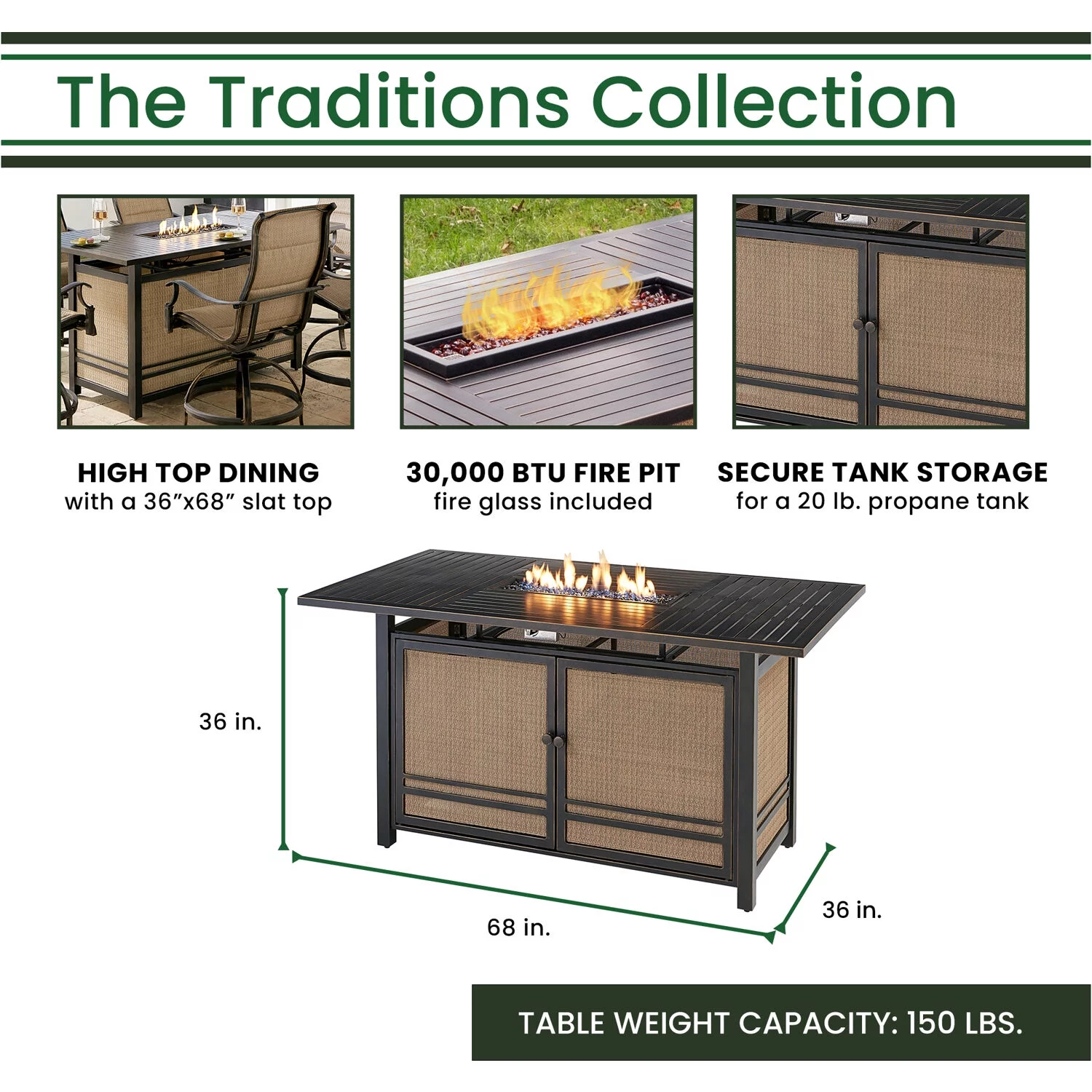 Hanover Traditions 5-Piece Outdoor High Dining Fire Patio Set, 4 Counter-Height Padded Sling Swivel Chairs and Slat-Top Gas Fire Pit Aluminum Table, Brushed Bronze Finish, Rust-Resistant, All-Weather - Curated Treasures Market