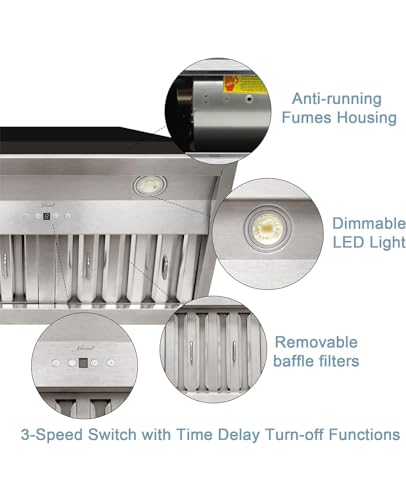 Insert/Built-in Range Hood, Ultra Quiet, Powerful Suction Stainless Steel Ducted Kitchen Vent Hood with Dimmable LED Lights, 3-Speeds 600CFM