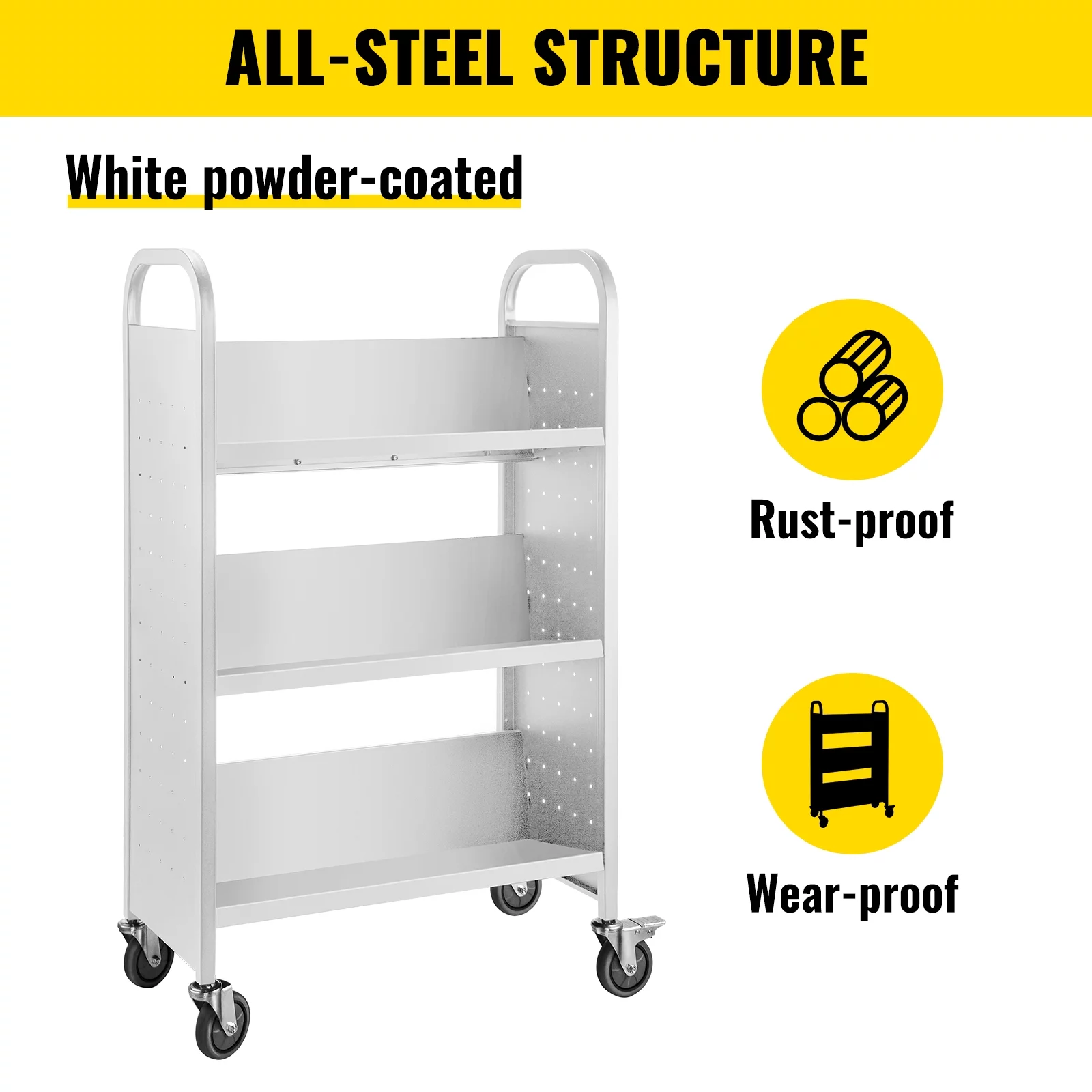 VEVOR Book Cart Single Sided V-Shaped , Rolling Book Cart with 4 inch Lockable Wheels, for Home Shelves Office and School Book Truck in White - Curated Treasures Market