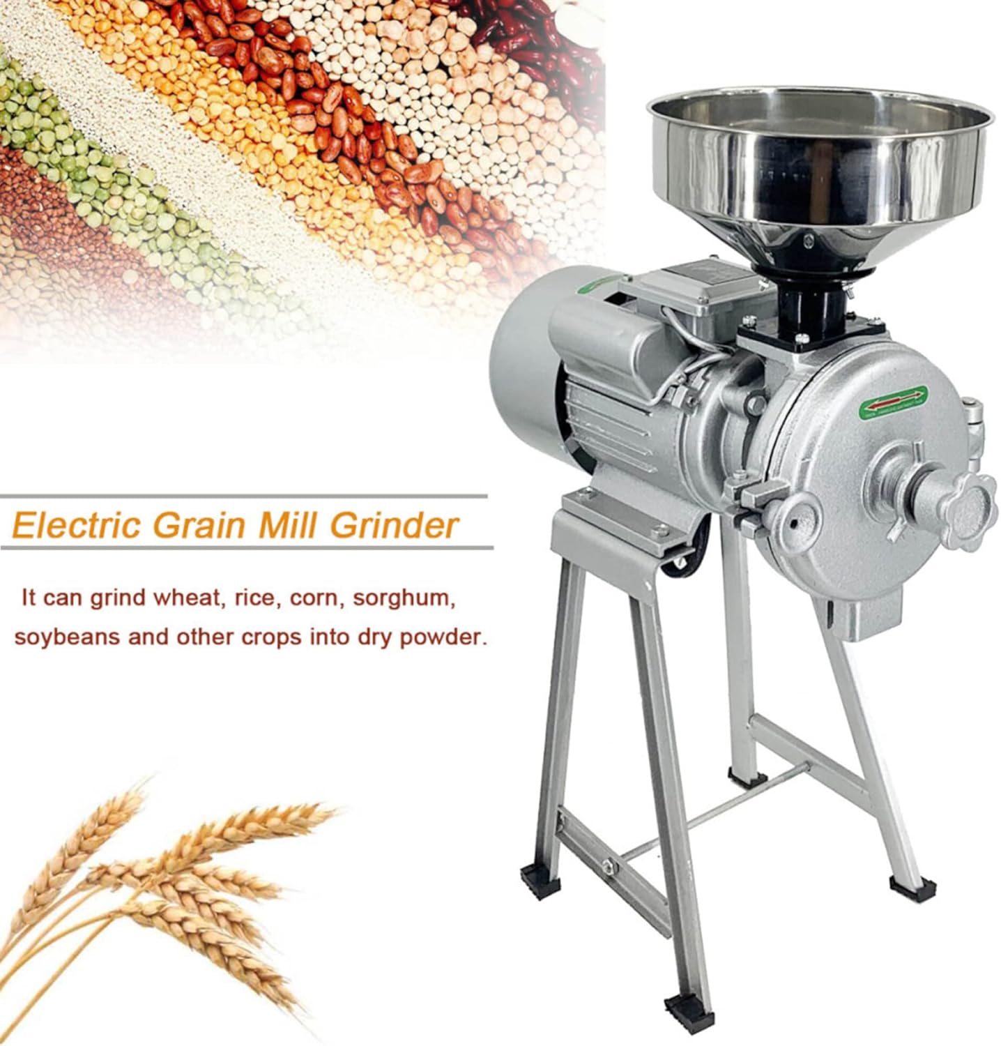 3000W Commercial Mill Grinder for Home Stores, 220V Grain Mill Grinder Corn Grinder Flour Mill Cereals Grinder with Funnel for Cereals/Rice/Corn/Coffee/Wheat Speedy Grinding