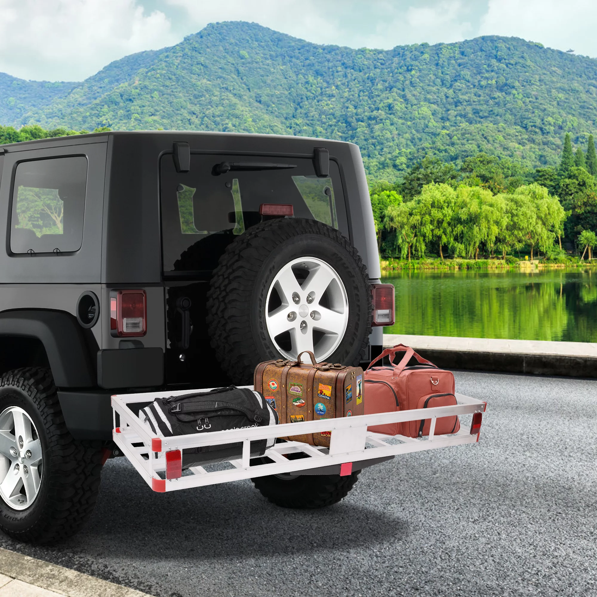Aluminum Hitch Mounted Cargo Carrier, Car Back Hitch Cargo Carrier Luggage Basket Capacity Basket Trailer With High Side Rails For RV's, Trucks, SUV's, Vans, Cars,Fits Any 2" Receiver,Silver