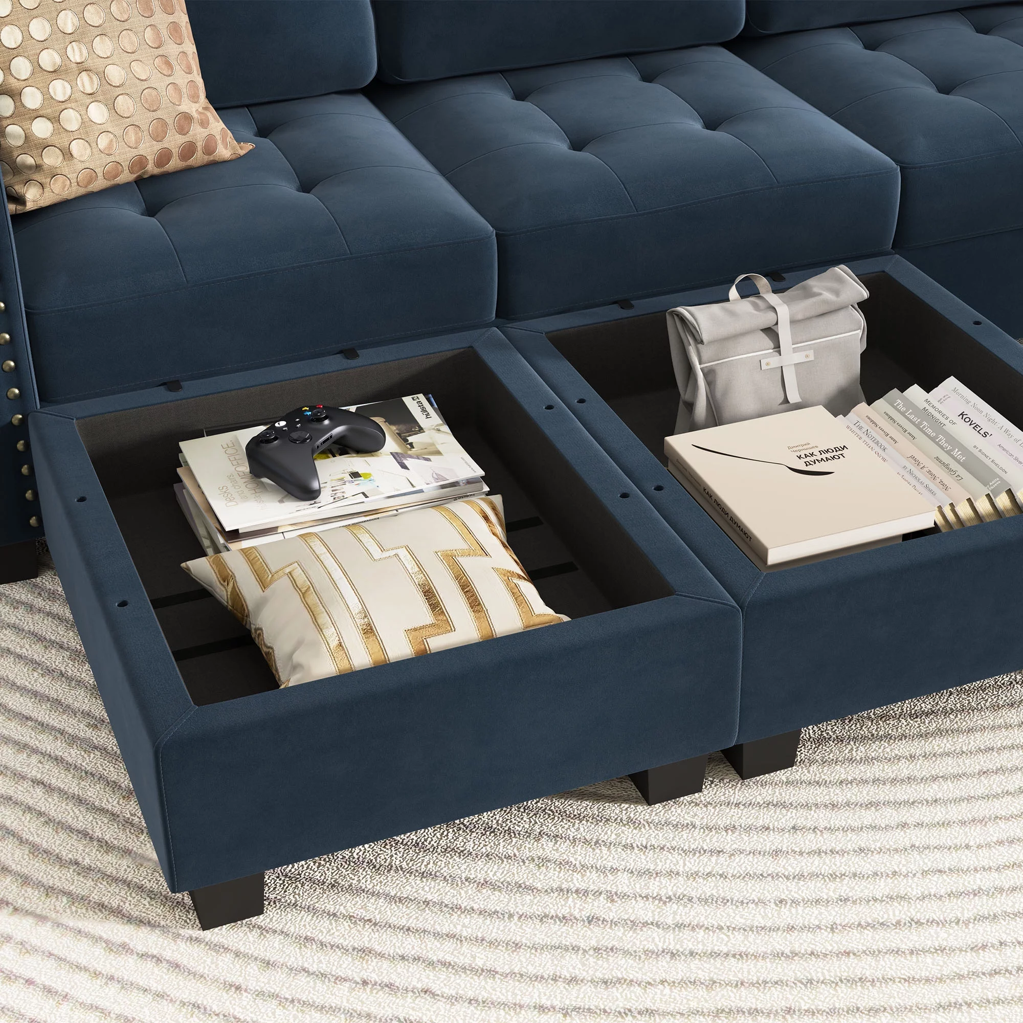 HONBAY Modern Sectional Sofa Sets L-Shaped Corner Couch with Biscuit Tufted Design for Living Room, Dark Navy Blue