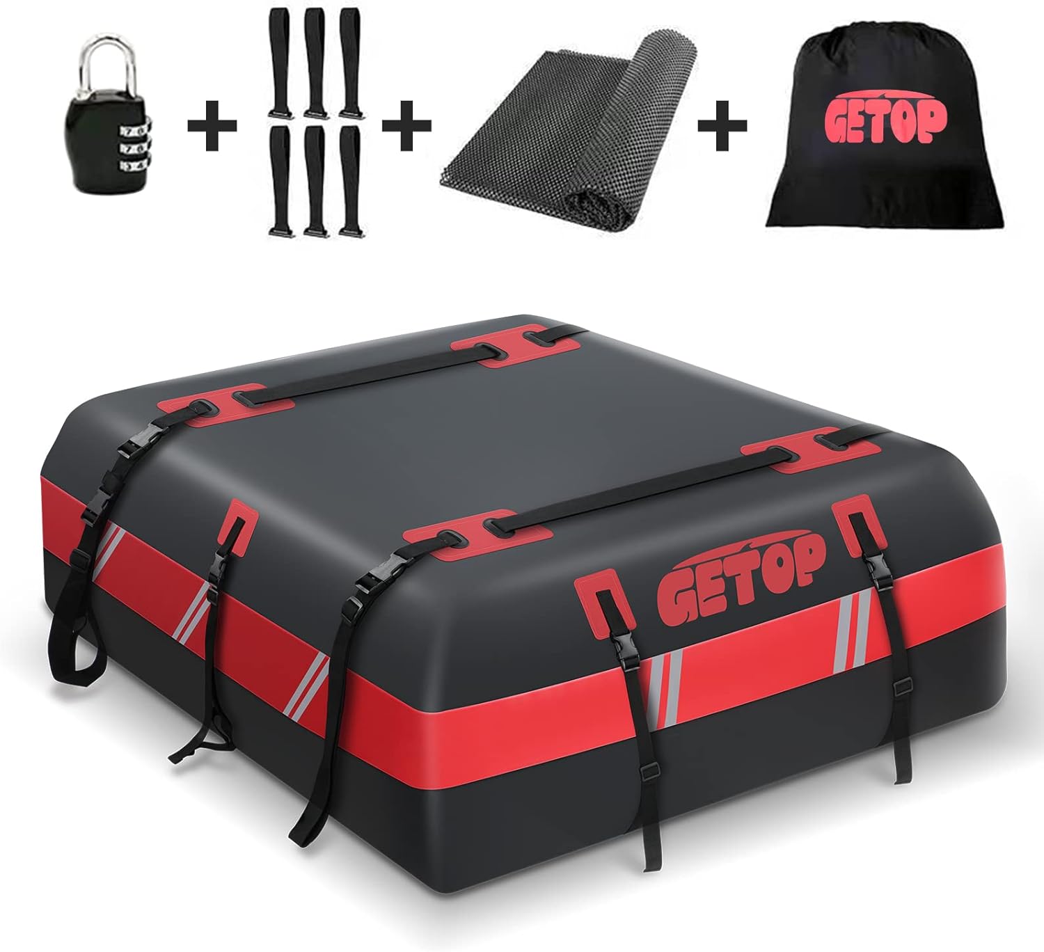21 Cubic Feet Rooftop Cargo Carrier Bag Waterproof,GETOP 730D Car Roof Bag Heavy-Duty Soft-Shell for All Car with/Without Rack,with Non-Slip Mat, 6 Door Hooks，Lock，Storage Bag(Red)