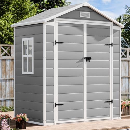 Resin Outdoor Storage Shed with Floor 5x4 FT Waterproof Plastic Sheds Kit Window Lockable Door Included, Outside Garden Tools Sheds for Backyard Patio