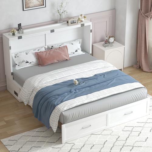 PUREMIND Queen Murphy Bed Cabinet with 2 Storage Drawers, Hideaway Murphy Chest Bed with Mattress, Cabinet Beds Wallbed with USB Charging Station for Bedroom, Guest Room