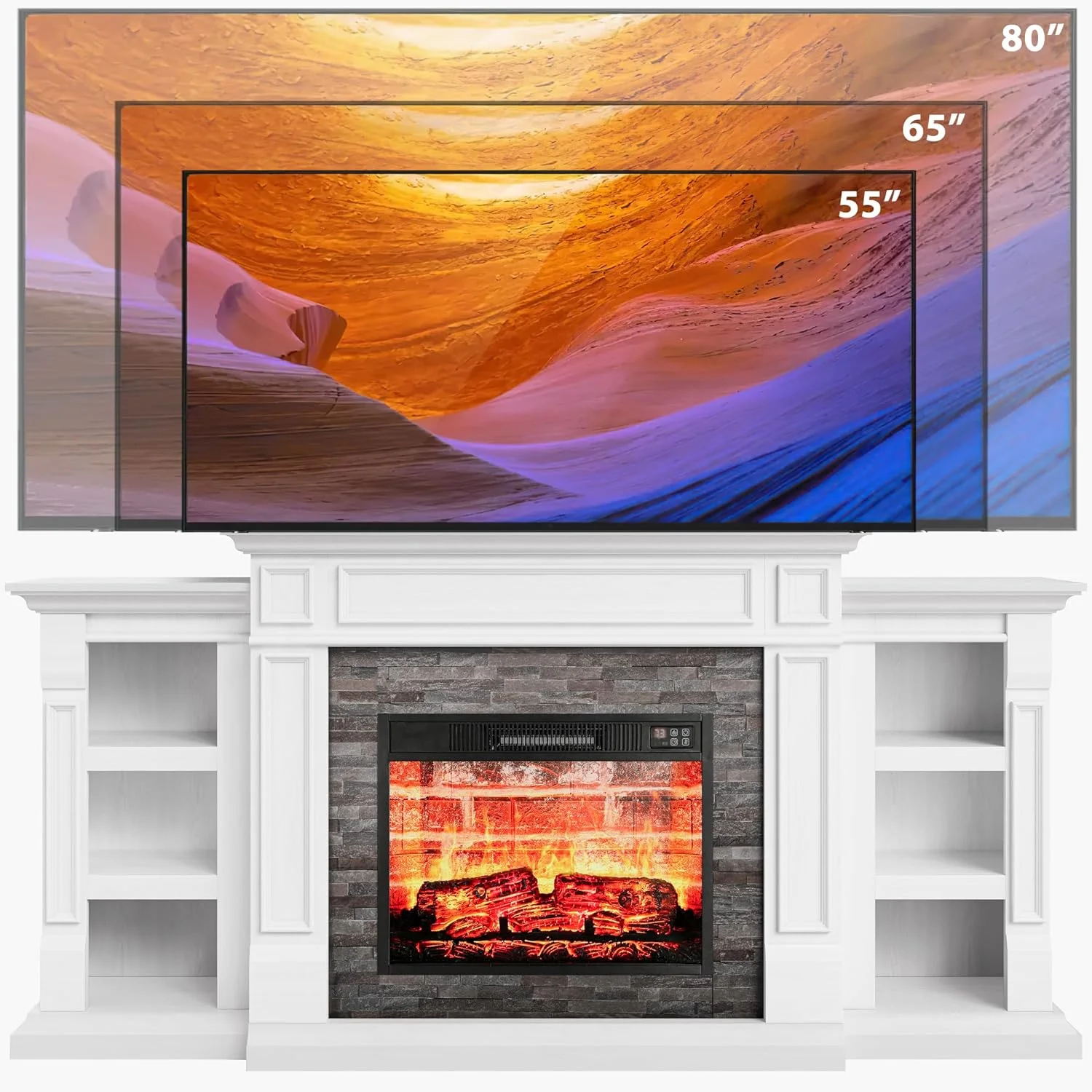 Relefree 70" Electric Fireplace with Mantel, Farmhouse TV Stand For TVs up to 80" with Remote Control, White - Curated Treasures Market