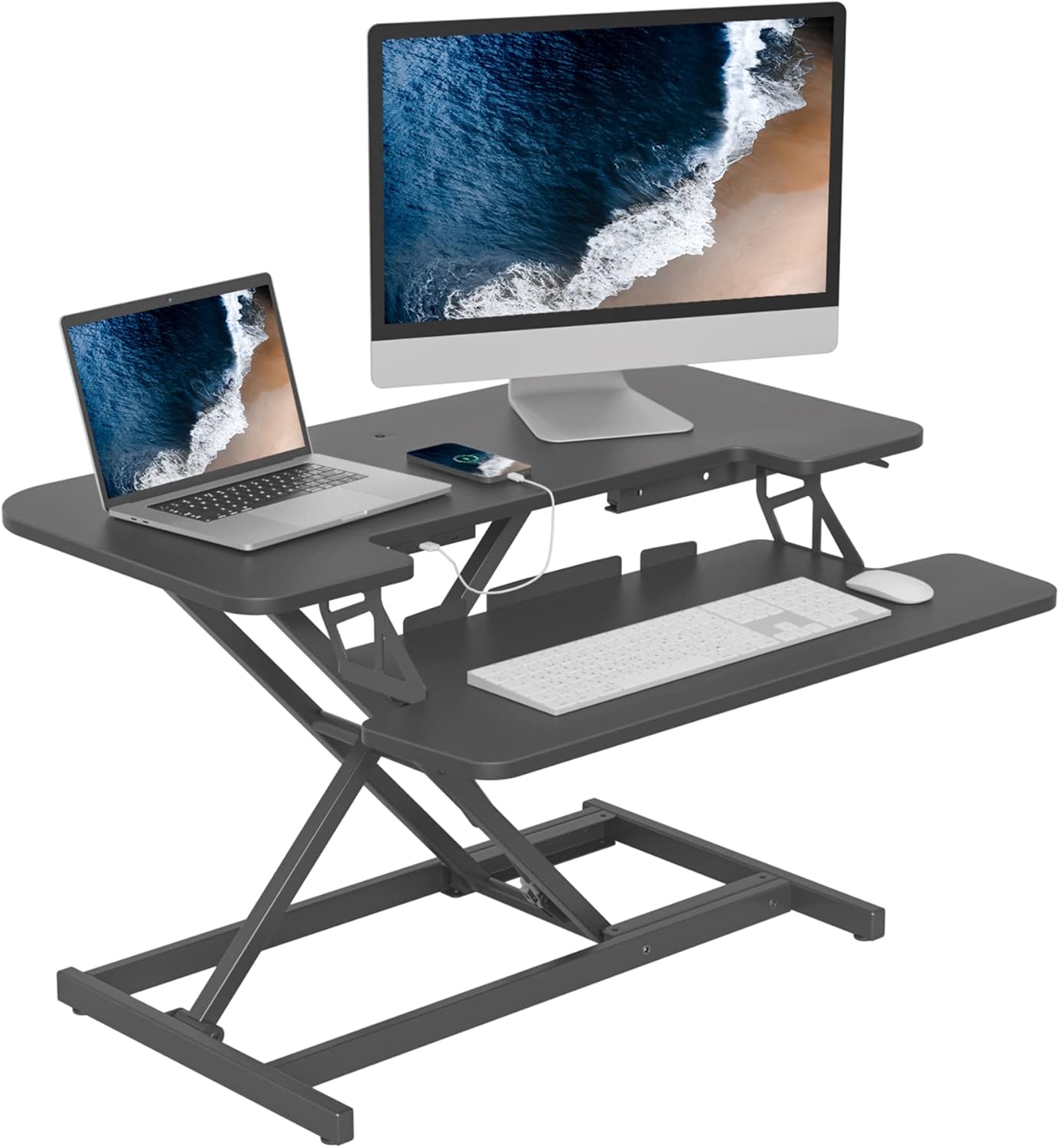 FEZIBO 28” Height Adjustable Standing Desk Converter with USB Charging Port, Quick Sit to Stand Tabletop Dual Monitor, Stand Up Desk Riser for Home Office, Rustic Brown