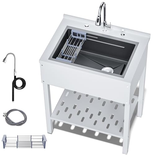 Stainless Steel Utility Sink,24" FreeStanding Laundry&Utility Room Sinks with Cold and Hot Water Faucet,Hoses and Drain Kit Commercial Single Bowl,Laundry Sink for Kitchens, Garage (24x18x36 Black)