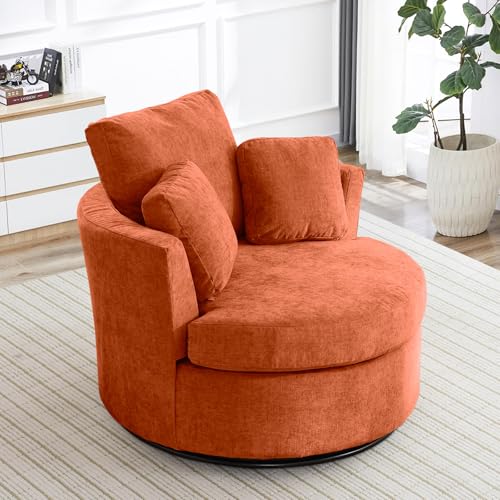 Chair and A Half with Ottoman, 360° Swivel Accent Barrel Chair Modern Comfy Round Reading Sofa Swivel Chairs Circle Lounge Chair for Bedroom Living Room w/4 Pillow Lower Seating Heigh (White, Large)
