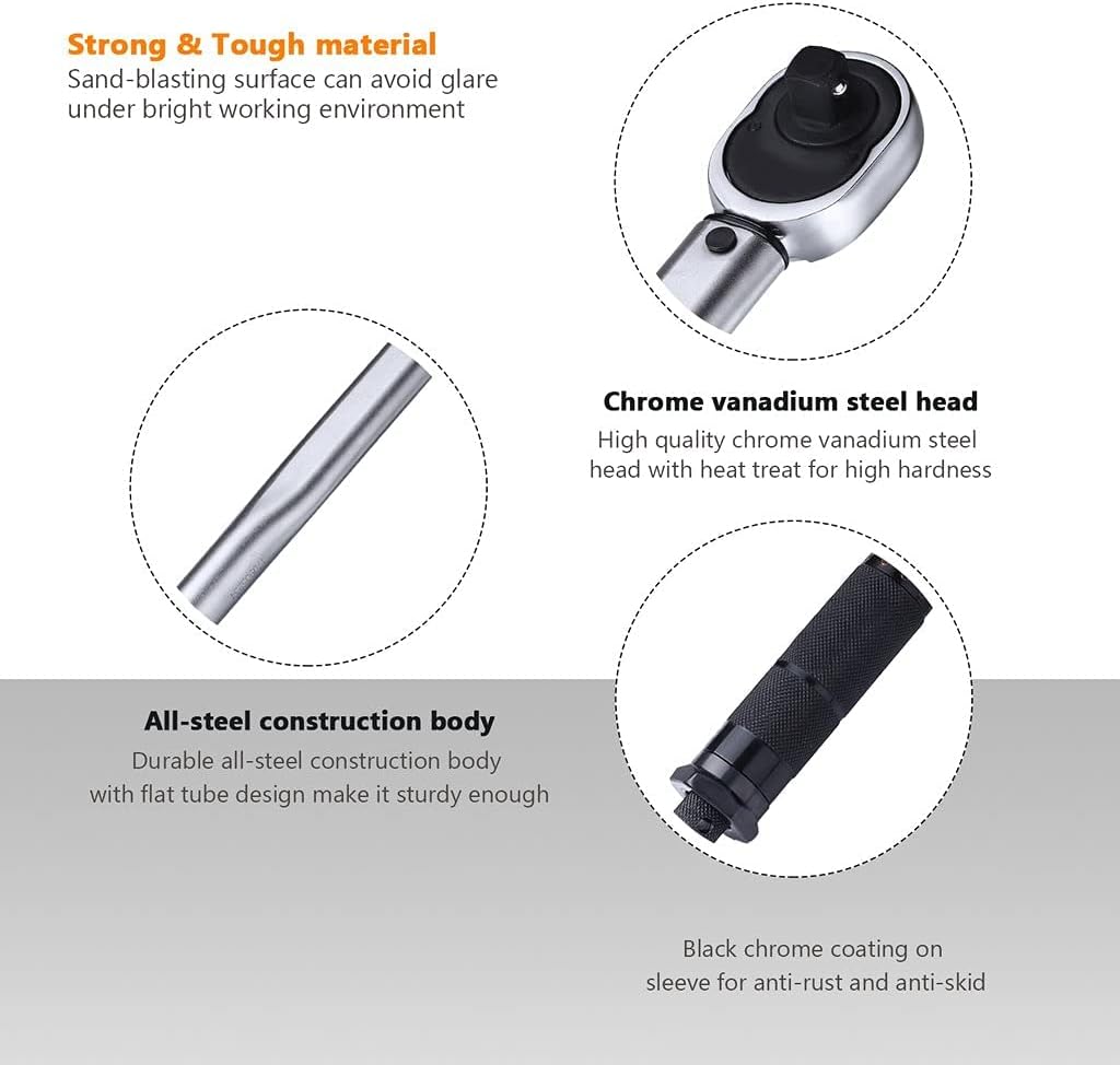 1/2" Drive Click Torque Wrench Set With 3/8" Torque Wrench Adapter And 6" Extension Bar(10-150 Ft.- Lb./13.6-203.5 Nm),Dual Direction Adjustable Bicycle Maintenance Kit suitable for Bikes,cars,trucks