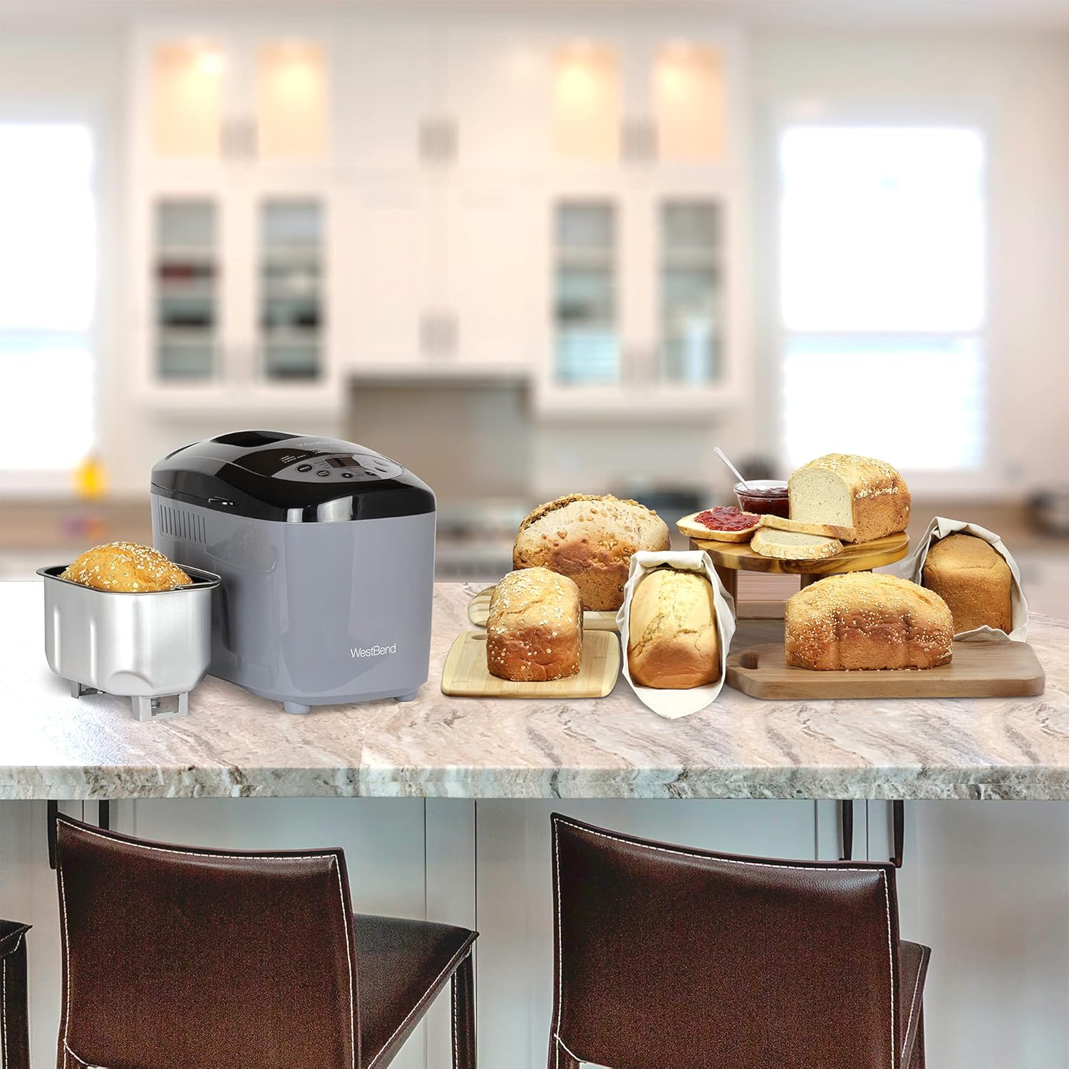 West Bend Hi-Rise Bread Maker Programmable Horizontal Dual Blade with 12 Programs Including Gluten Free, 3-Pound, Gray