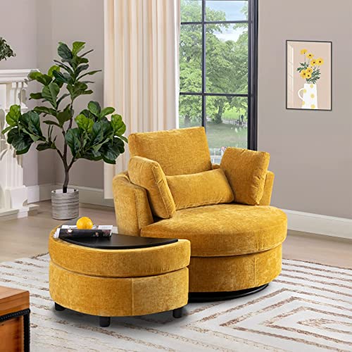 Chair and A Half with Ottoman, 360° Swivel Accent Barrel Chair Modern Comfy Round Reading Sofa Swivel Chairs Circle Lounge Chair for Bedroom Living Room w/4 Pillow Lower Seating Heigh (White, Large)