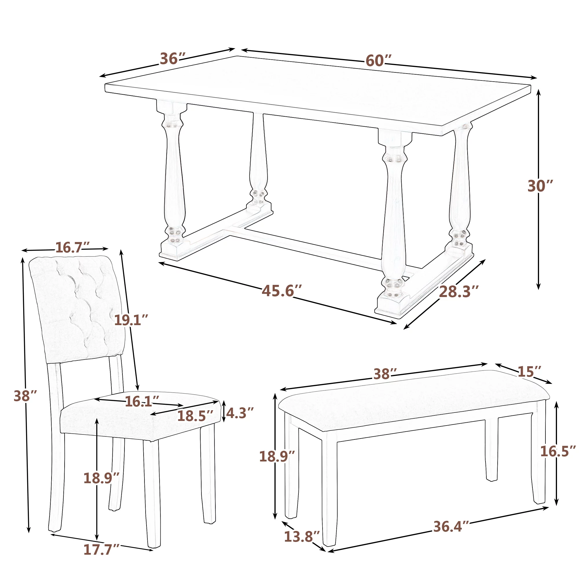 Besthome 6-Piece Dining Table and Chair Set with Special-shaped Legs and Foam-covered Seat Backs&Cushions for Dining Room (Espresso)